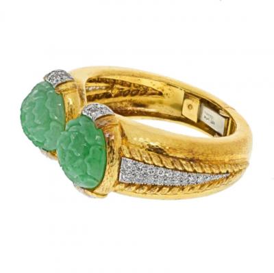 David Webb DAVID WEBB PLATINUM 18KY CARVED JADE HAMMERED GOLD DIAMOND CUFF BRACELET