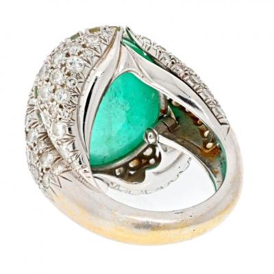David Webb DAVID WEBB PLATINUM CABOCHON CUT GREEN EMERALD AND DIAMOND RING