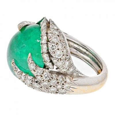 David Webb DAVID WEBB PLATINUM CABOCHON CUT GREEN EMERALD AND DIAMOND RING