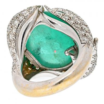 David Webb DAVID WEBB PLATINUM CABOCHON CUT GREEN EMERALD AND DIAMOND RING