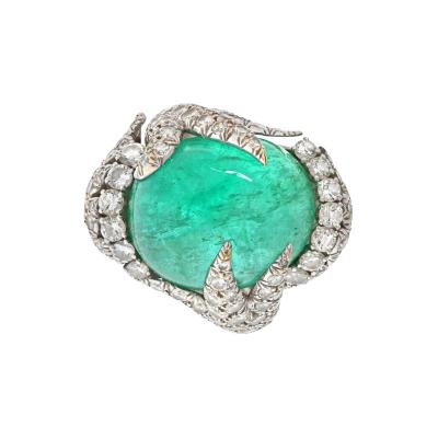 David Webb DAVID WEBB PLATINUM CABOCHON CUT GREEN EMERALD AND DIAMOND RING