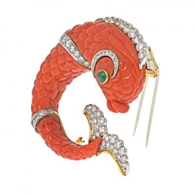 David Webb DAVID WEBB PLATINUM CARVED CORAL DOLPHIN CLIP BROOCH