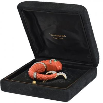 David Webb DAVID WEBB PLATINUM CARVED CORAL DOLPHIN CLIP BROOCH