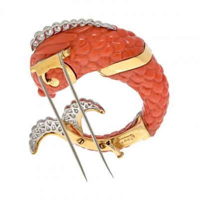 David Webb DAVID WEBB PLATINUM CARVED CORAL DOLPHIN CLIP BROOCH