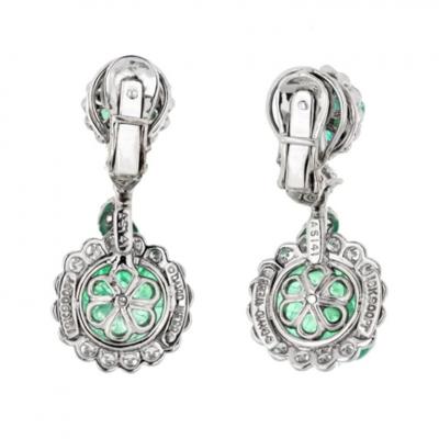 David Webb DAVID WEBB PLATINUM CARVED GREEN EMERALD AND DIAMOND DROP EARRINGS