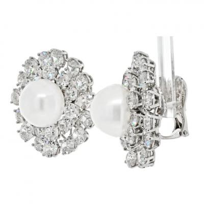 David Webb DAVID WEBB PLATINUM OLD CUT AND OLD EUROPEAN CLUSTER PEARL CLIP ON EARRINGS