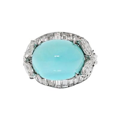 David Webb DAVID WEBB PLATINUM OVAL CABOCHON CUT TURQUOISE AND DIAMOND RING