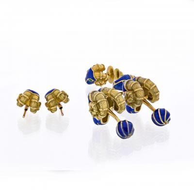 David Webb DAVID WEBB RAM HEAD BLUE ENAMEL GREEN EMERALDS CUFF LINKS AND STUD DRESS SET