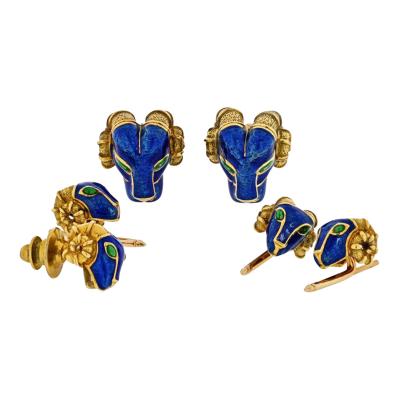 David Webb DAVID WEBB RAM HEAD BLUE ENAMEL GREEN EMERALDS CUFF LINKS AND STUD DRESS SET