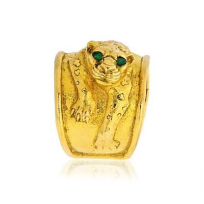 David Webb DAVID WEBB REPOUSSE PLATINUM 18K YELLOW GOLD LEOPARD EMERALD EYE CUFF BRACELET