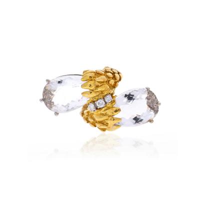 David Webb DAVID WEBB ROCK CRYSTAL PLATINUM 18K YELLOW GOLD ROCK CYSTAL BYPASS RING