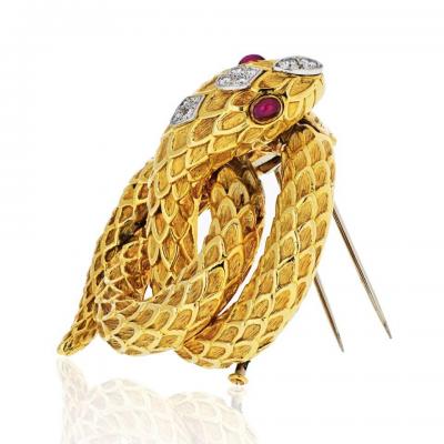 David Webb DAVID WEBB SERPENT PLATINUM 18K YELLOW GOLD DIAMOND RUBIES BROOCH