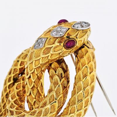 David Webb DAVID WEBB SERPENT PLATINUM 18K YELLOW GOLD DIAMOND RUBIES BROOCH