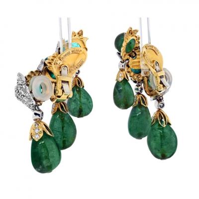 David Webb DAVID WEBB SMOOTH BRIOLETTE CUT GREEN EMERALD CASCADING CLIP DIAMOND EARRINGS
