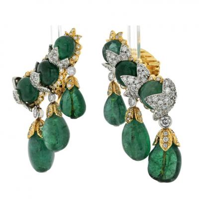 David Webb DAVID WEBB SMOOTH BRIOLETTE CUT GREEN EMERALD CASCADING CLIP DIAMOND EARRINGS