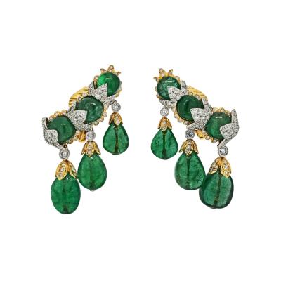 David Webb DAVID WEBB SMOOTH BRIOLETTE CUT GREEN EMERALD CASCADING CLIP DIAMOND EARRINGS