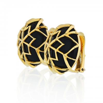 David Webb DAVID WEBB SNOWFLAKE PLATINUM 18K YELLOW GOLD ONYX WEBB EARRINGS