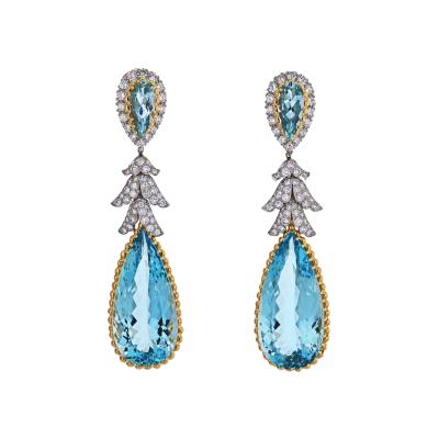 David Webb DAVID WEBB TEARDROP BLUE AQUAMARINE AND DIAMOND DANGLING EARRINGS