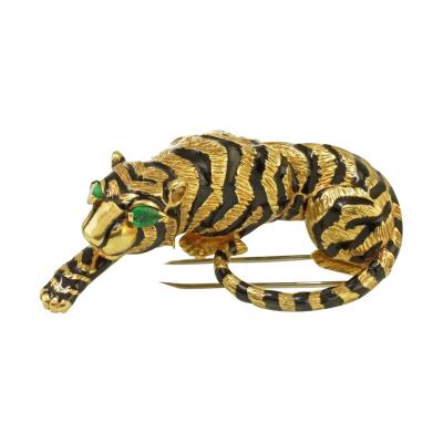 David Webb DAVID WEBB TIGER 18K YELLOW GOLD WITH GREEN EMERALD EYES BROOCH