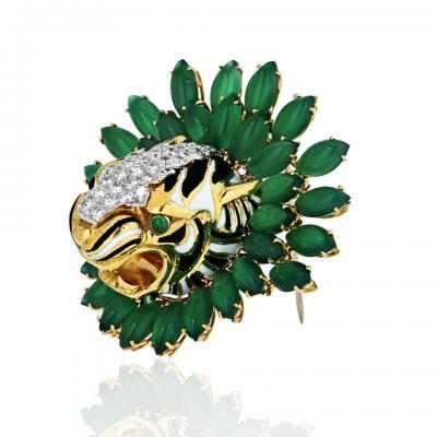 David Webb DAVID WEBB TIGER PLATINUM 18K YELLOW GOLD DIAMOND AND CHRYSOPRAVE BROOCH