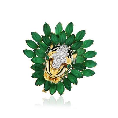 David Webb DAVID WEBB TIGER PLATINUM 18K YELLOW GOLD DIAMOND AND CHRYSOPRAVE BROOCH