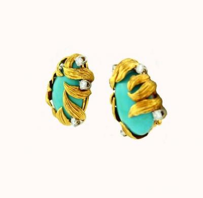 David Webb DAVID WEBB TURQUOISE AND DIAMOND EARRINGS CIRCA 1970