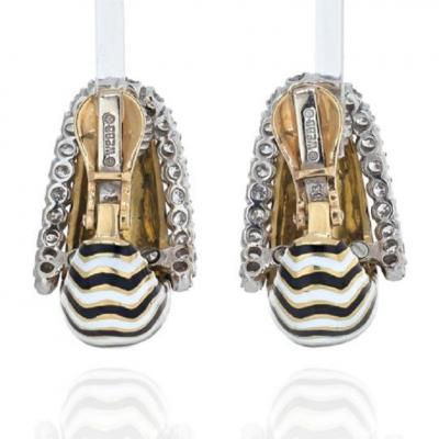 David Webb DAVID WEBB VREELAND DIAMOND ZEBRA BLACK WHITE ENAMEL EARRINGS