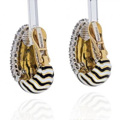 David Webb DAVID WEBB VREELAND DIAMOND ZEBRA BLACK WHITE ENAMEL EARRINGS