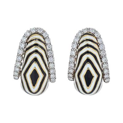 David Webb DAVID WEBB VREELAND DIAMOND ZEBRA BLACK WHITE ENAMEL EARRINGS
