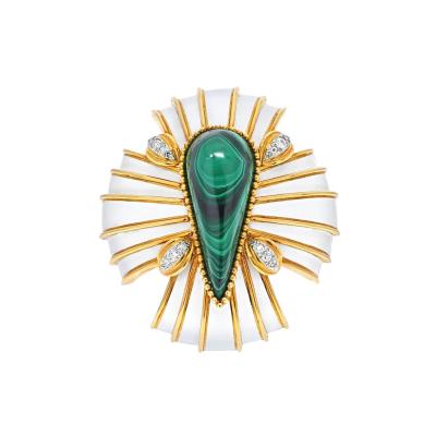 David Webb DAVID WEBB WHITE ENAMEL AND MALACHITE MALTESE CROSS BROOCH