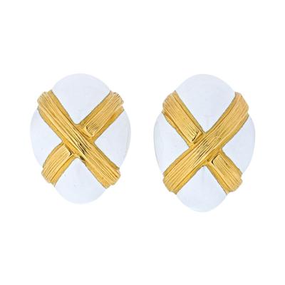 David Webb DAVID WEBB WHITE ENAMEL TEXTURED X CLIP EARRINGS