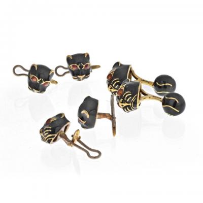 David Webb DAVID WEBB YELLOW GOLD BLACK PANTHER MENS SUIT SET CUFF LINKS