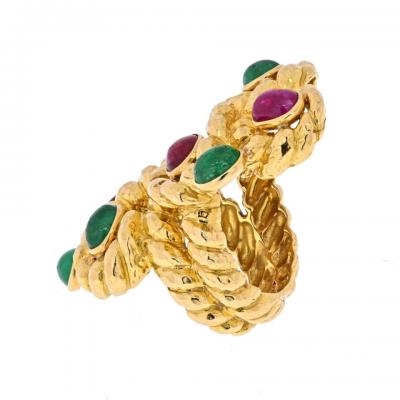 David Webb DAVID WEBB YELLOW GOLD CABOCHON RUBY GREEN EMERALD SERPENT RING