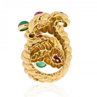 David Webb DAVID WEBB YELLOW GOLD CABOCHON RUBY GREEN EMERALD SERPENT RING