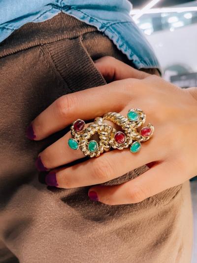 David Webb DAVID WEBB YELLOW GOLD CABOCHON RUBY GREEN EMERALD SERPENT RING