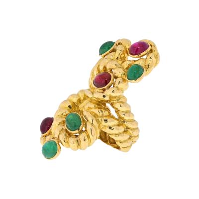 David Webb DAVID WEBB YELLOW GOLD CABOCHON RUBY GREEN EMERALD SERPENT RING