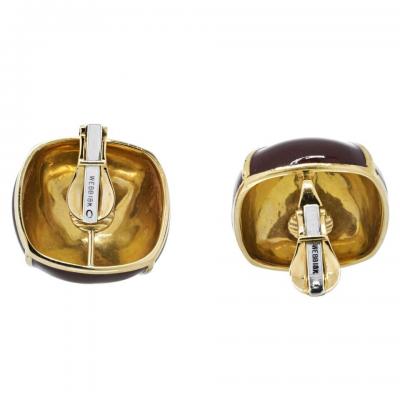 David Webb DAVID WEBB YELLOW GOLD LARGE SQUARE CUSHION BROWN ENAMEL CLIP ONS EARRINGS