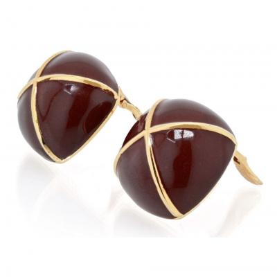 David Webb DAVID WEBB YELLOW GOLD LARGE SQUARE CUSHION BROWN ENAMEL CLIP ONS EARRINGS