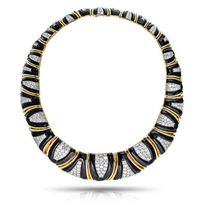 David Webb David Webb 18K Gold Black Enamel Diamond Bib Choker Necklace