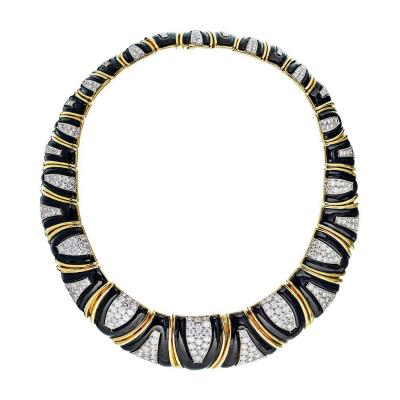 David Webb David Webb 18K Gold Black Enamel Diamond Bib Choker Necklace