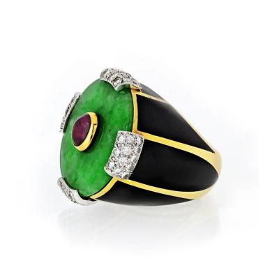 David Webb David Webb 18K Gold Black Enamel Diamonds Ruby Ring