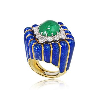 David Webb David Webb 18K Gold Blue Enamel Cabochin Emerald Diamonds Ring