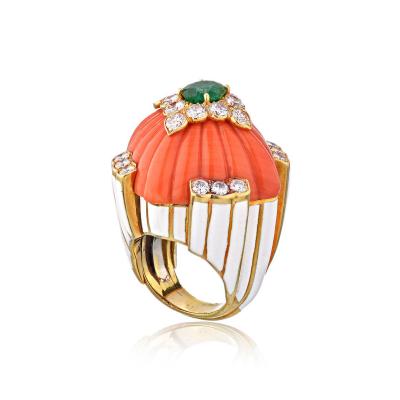 David Webb David Webb 18K Gold Coral White Enamel Diamond Ring