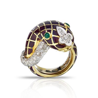 David Webb David Webb 18K Gold Diamond Enamel Snake Ring