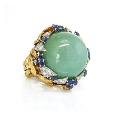 David Webb David Webb 18K Gold Jade Cabochon with Sapphires and Diamonds Ring