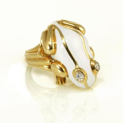 David Webb David Webb 18K Gold White Enamel Diamond Eyes Frog Ring