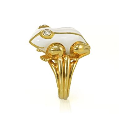 David Webb David Webb 18K Gold White Enamel Diamond Eyes Frog Ring