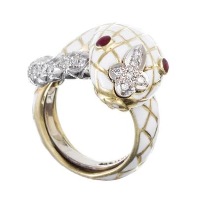 David Webb David Webb 18K Gold White Enamel Serpent Ring