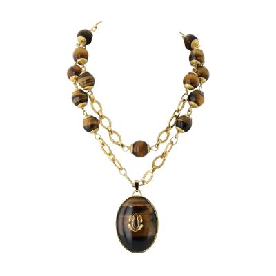 David Webb David Webb 18K Yellow Gold 1960s Tiger Eye Long Bead With A Frog Necklace