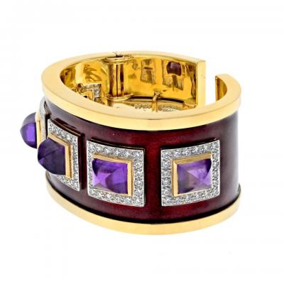 David Webb David Webb 18K Yellow Gold Bastille Purple Amethyst Red Enamel Diamond Bracelet